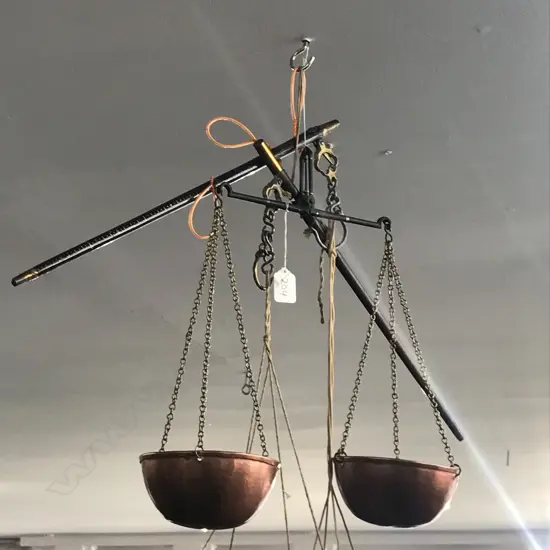 2 CHINESE STYLE BEAM SCALES & TWIN COPPER PAN BEAM BALANCE